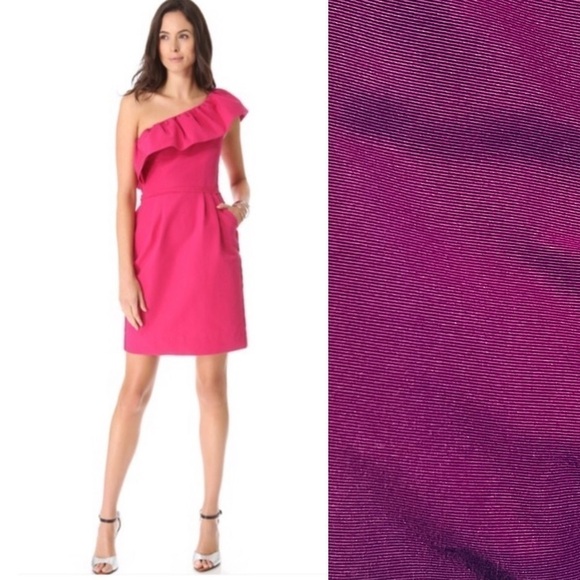 REBECCA TAYLOR FUCHSIA ONE SHOULDER RUFFLE DARTED WAIST COCKTAIL MINI DRESS - Picture 1 of 13